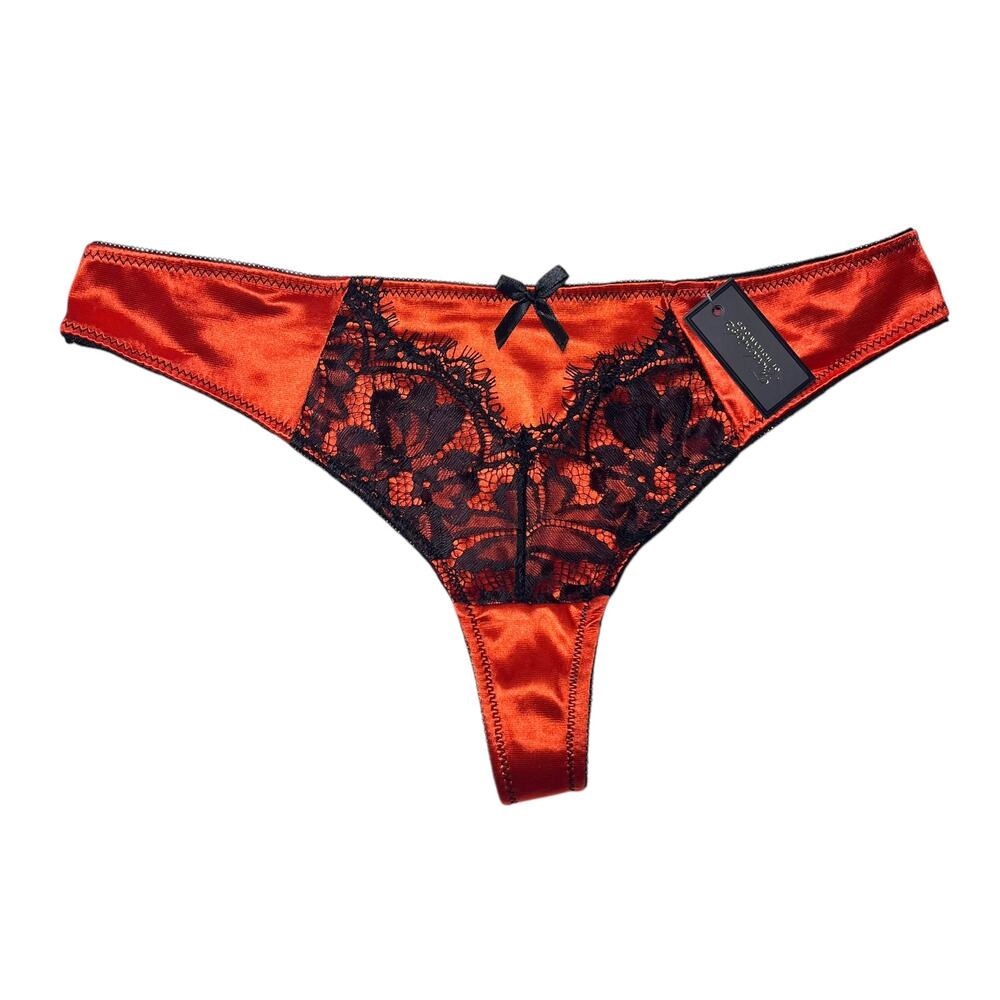 Frederick's of Hollywood Lux Lace Over Satin Thong Panty Orange Black Size 1X
